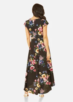 Mela Floral Wrap Over Dipped Hem Midi Dress In Black