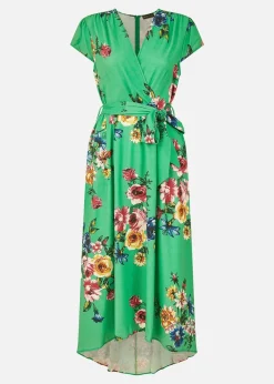 Mela Green Bright Floral Dip Hem Wrap Midi Dress