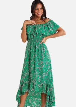 Mela Green Ditsy Print Bardot Dipped Hem Dress