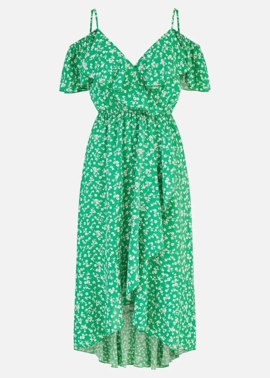 Mela Green Ditsy Print Bardot Midi Dress With Dip Hem