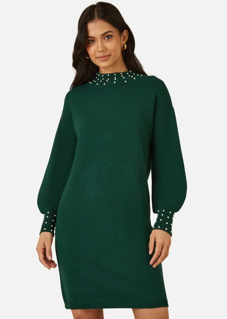 Mela Green Pearl Detail Knitted Relaxed Jumper Dress