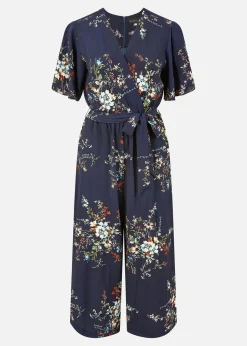Mela Navy Floral Print Jumpsuit With Angel Sleeves