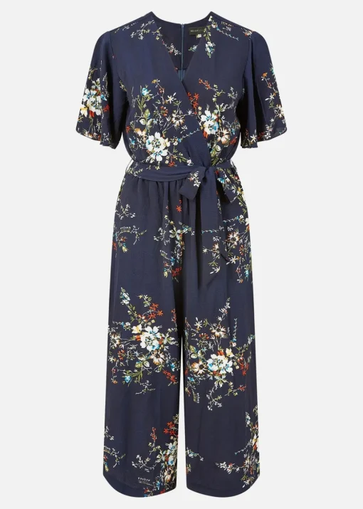 Mela Navy Floral Print Jumpsuit With Angel Sleeves