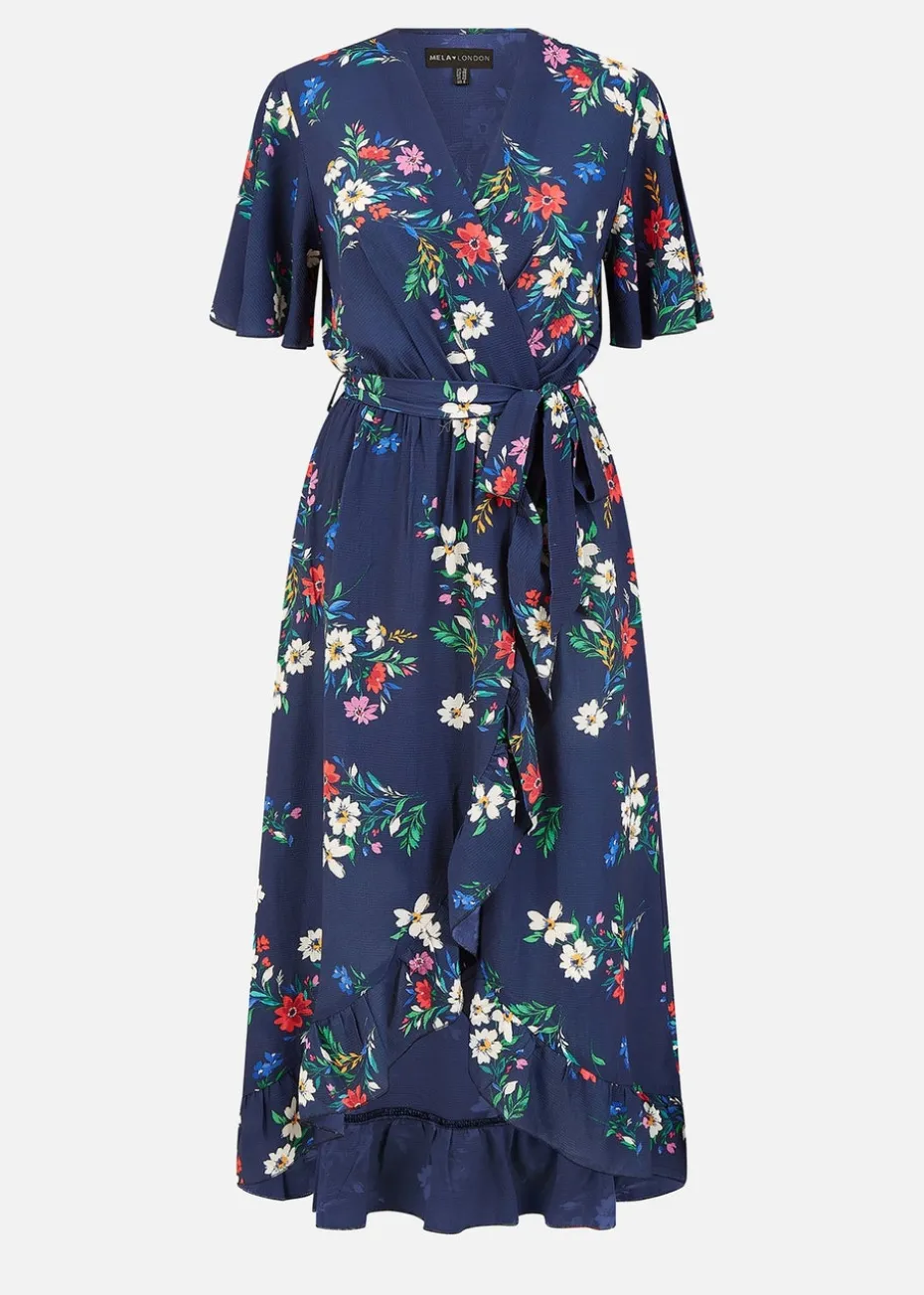 Mela Navy Floral Wrap Dress With Frill Hem
