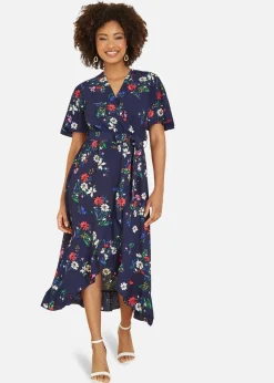 Mela Navy Floral Wrap Dress With Frill Hem