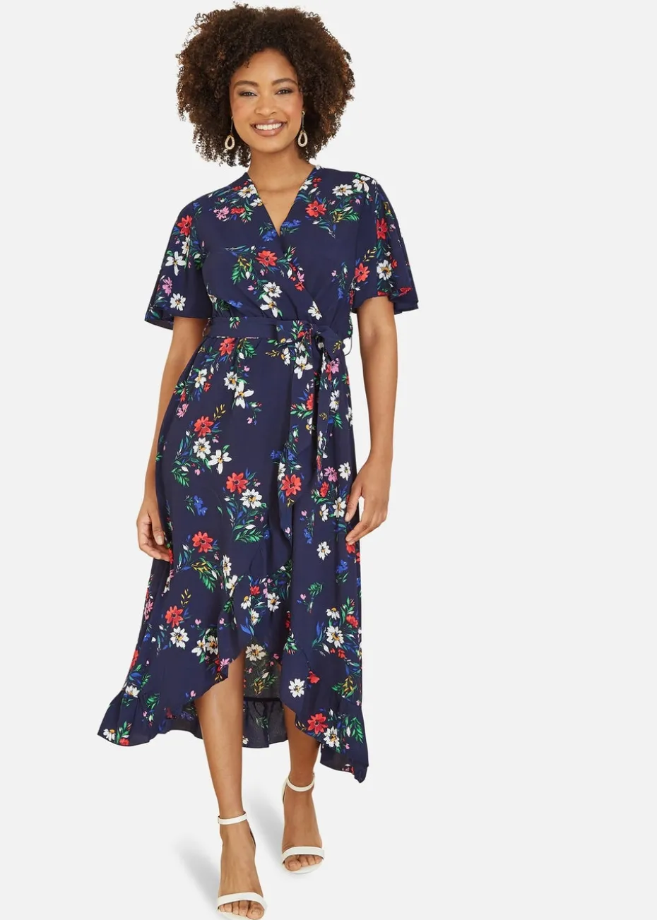 Mela Navy Floral Wrap Dress With Frill Hem