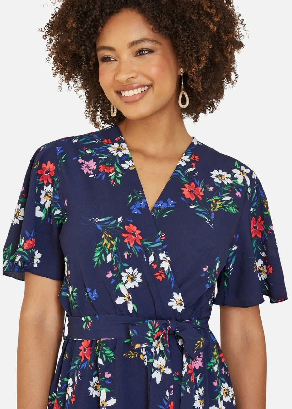 Mela Navy Floral Wrap Dress With Frill Hem