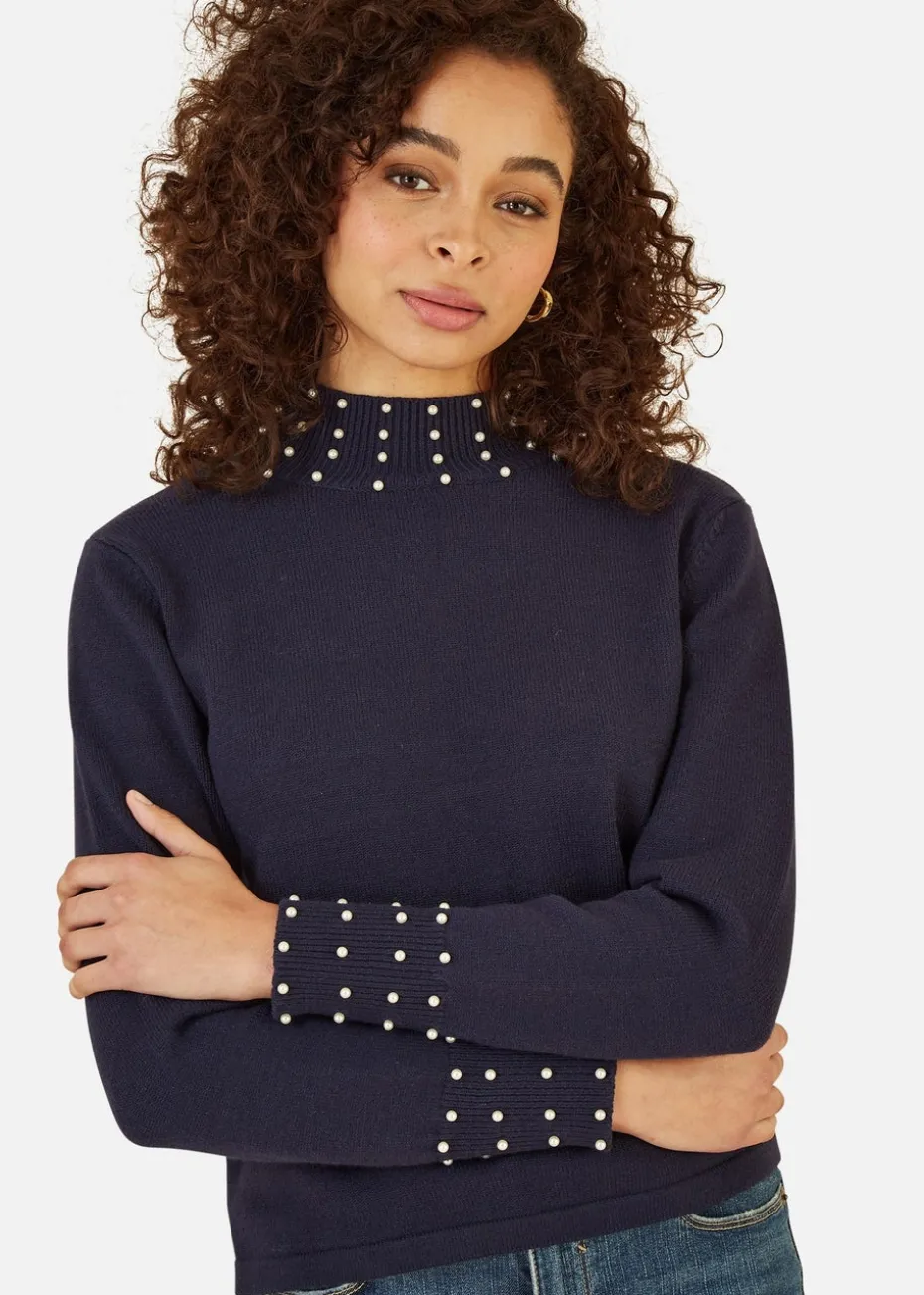Mela Navy Pearl Detail High Neck Jumper