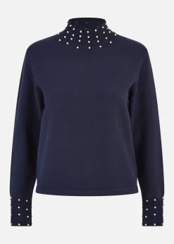 Mela Navy Pearl Detail High Neck Jumper