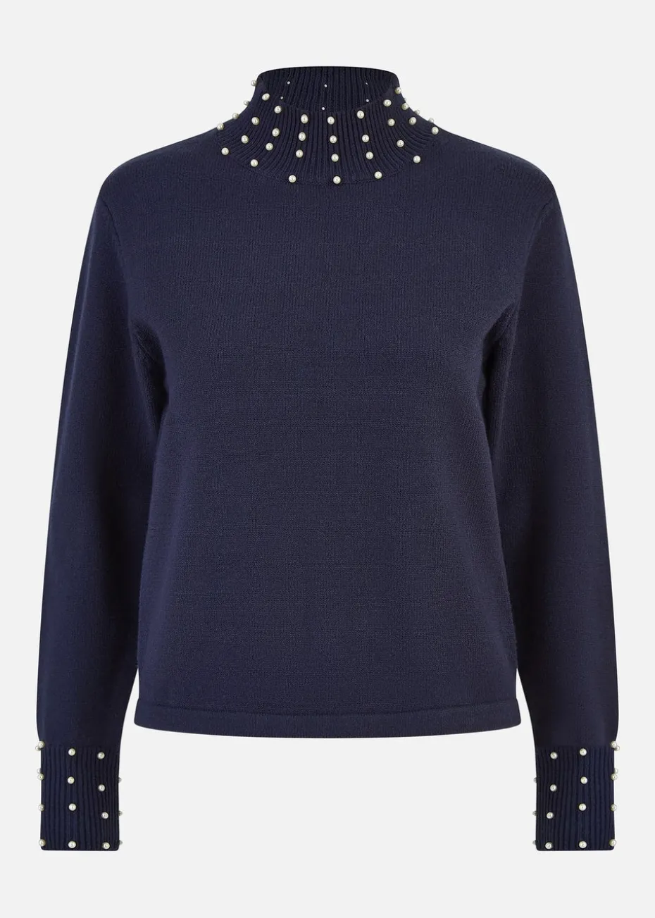 Mela Navy Pearl Detail High Neck Jumper