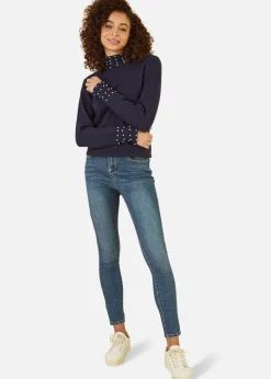 Mela Navy Pearl Detail High Neck Jumper