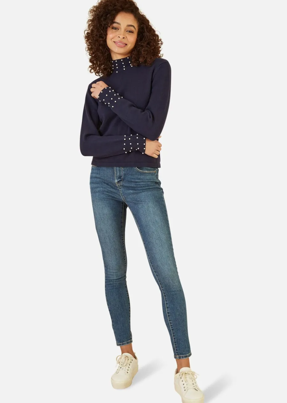 Mela Navy Pearl Detail High Neck Jumper