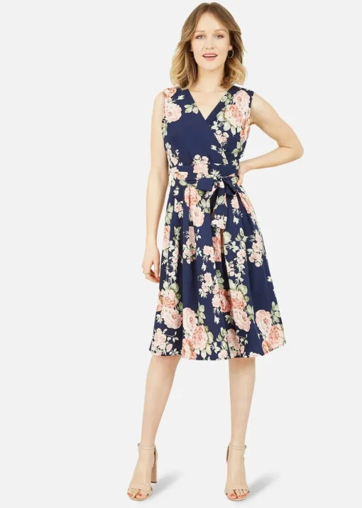 Mela Navy Rose Printed Wrap Over Sleeveless Skater Dress