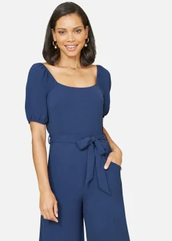 Mela Navy Square Neck Puff Sleeve Culotte Jumpsuit