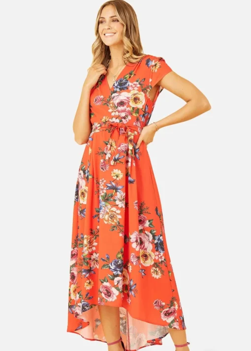 Mela Orange Floral Wrap Dip Hem Dress
