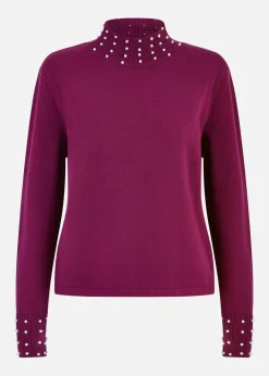 Mela Plum Pearl Detail High Neck Jumper