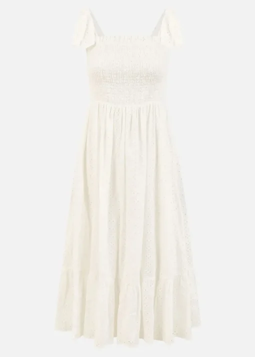 Mela White Broderie Anglaise Ruched Midi Sundress With Tie Sleeves
