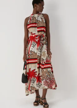 Multicolour Scarf Print Halterneck Midi Dress