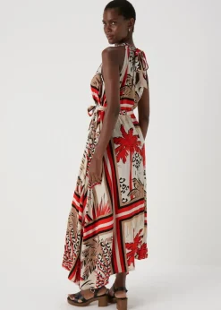Multicolour Scarf Print Halterneck Midi Dress