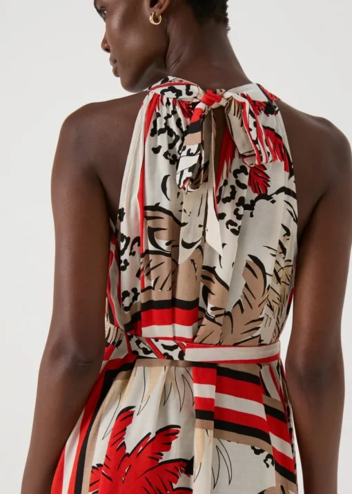 Multicolour Scarf Print Halterneck Midi Dress