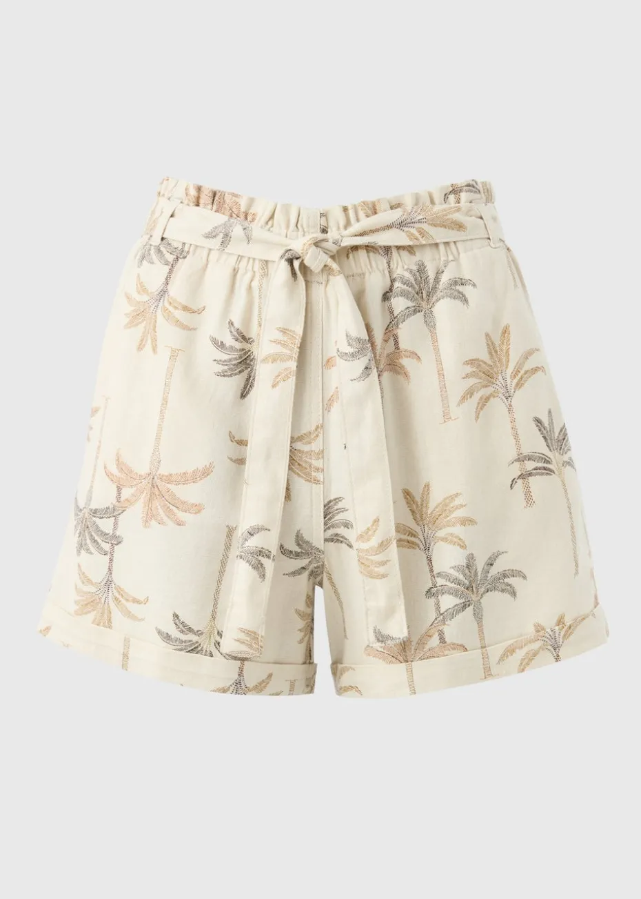 Natural Linen Blend Palm Print Shorts