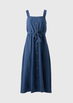Navy Button Front Belted Square Neck Midi Dress