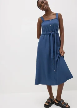 Navy Button Front Belted Square Neck Midi Dress