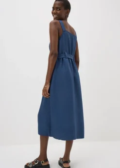 Navy Button Front Belted Square Neck Midi Dress