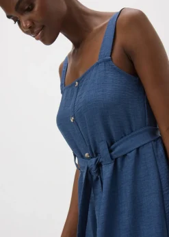 Navy Button Front Belted Square Neck Midi Dress