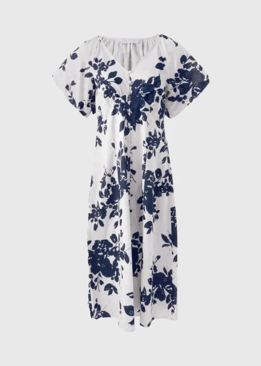 Navy Floral Broderie Anglaise Midi Tea Dress