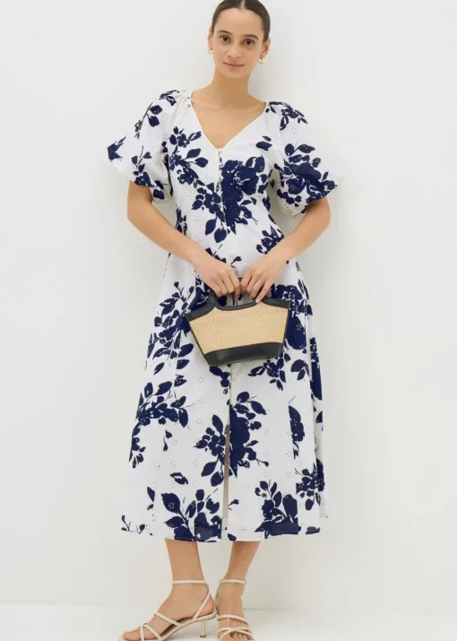 Navy Floral Broderie Anglaise Midi Tea Dress