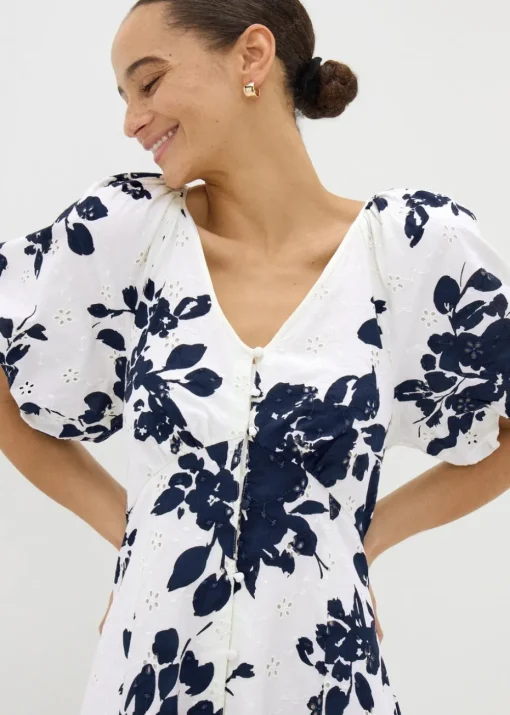 Navy Floral Broderie Anglaise Midi Tea Dress