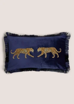 Navy Leopard Embroidered Fringe Cushion