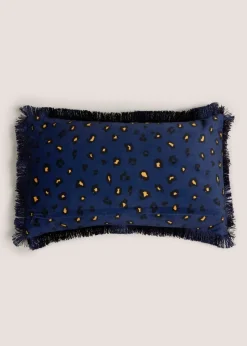 Navy Leopard Embroidered Fringe Cushion