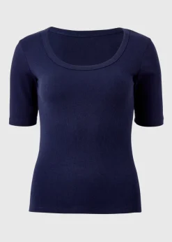 Navy Ribbed Scoop Neck Top