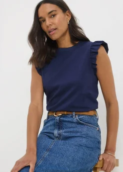 Navy Ruffle Sleeve Vest Top