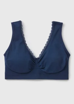 Navy Seamless Padded Lace Trim Crop Top