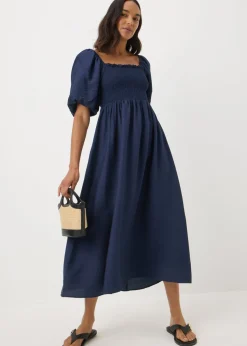 Navy Shirred Puff Sleeve Midi Dress
