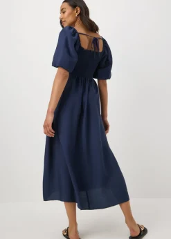 Navy Shirred Puff Sleeve Midi Dress