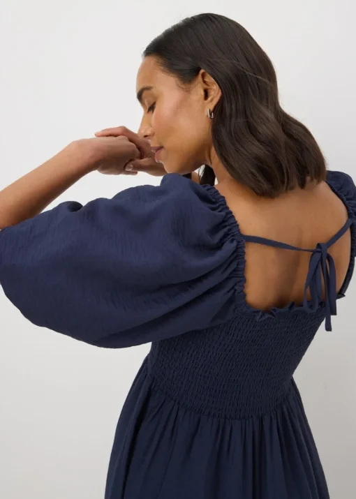 Navy Shirred Puff Sleeve Midi Dress