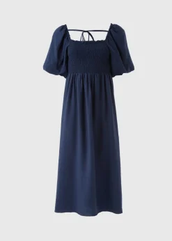 Navy Shirred Puff Sleeve Midi Dress