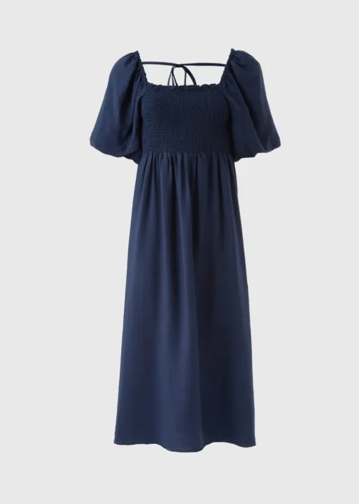 Navy Shirred Puff Sleeve Midi Dress