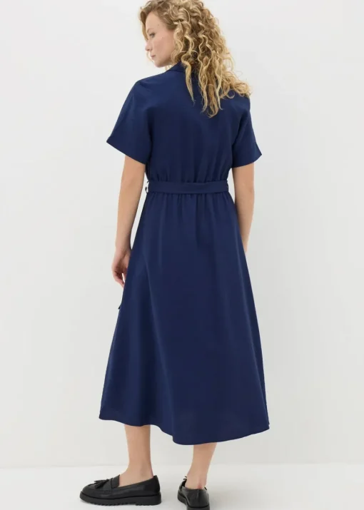 Navy Short Sleeve Midi Shirt Dress