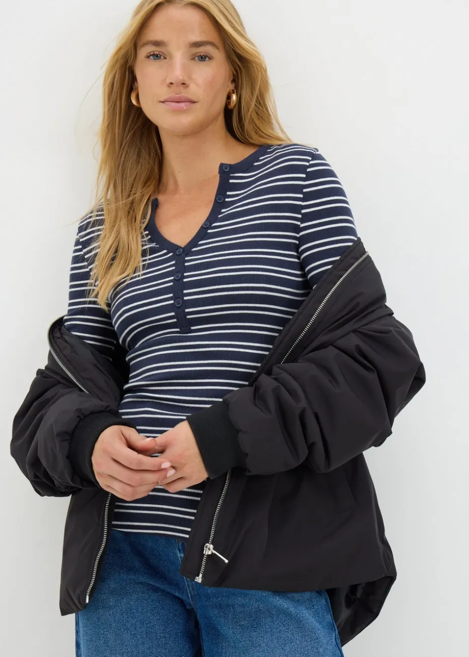 Navy Stripe Henley Collar Long Sleeve Top