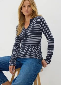 Navy Stripe Henley Collar Long Sleeve Top