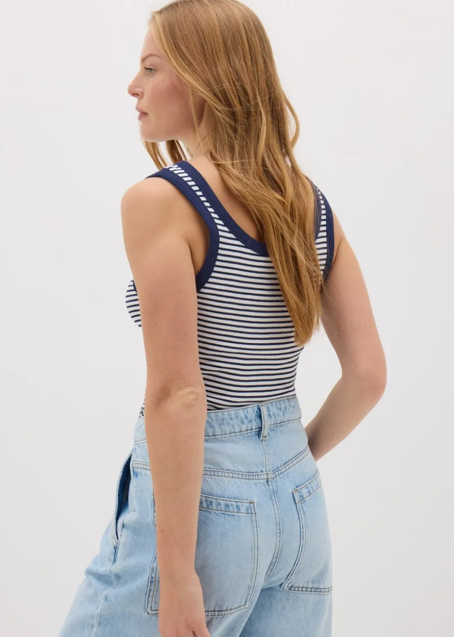 Navy Stripe Ribbed Scoop Neck Vest Top