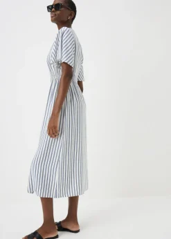 Navy Stripe Shirred Midi Dress