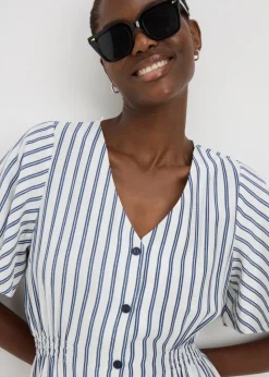 Navy Stripe Shirred Midi Dress