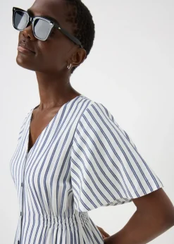 Navy Stripe Shirred Midi Dress