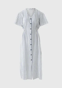 Navy Stripe Shirred Midi Dress